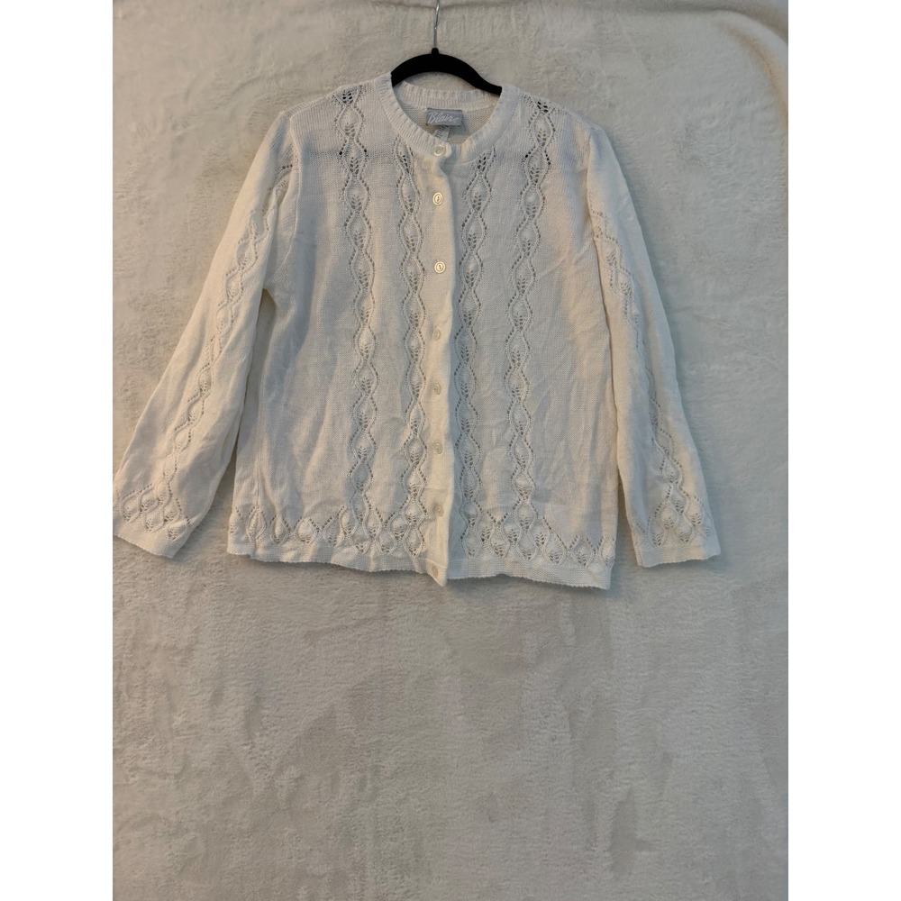 Blair Vintage White Pointelle Knit Cardigan Sweater Womens Medium Made in USA